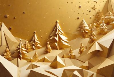The primary subject of the image is a beautifully crafted paper artwork of a snowy mountain landscape. The setting is a wintery scene with a mountain range, trees, and a starry night sky. The visual style is a combination of digital art and illustration, creating a stunning and intricate paper cutout. The colors and mood of the image are predominantly white and gold, giving it a warm and serene atmosphere.